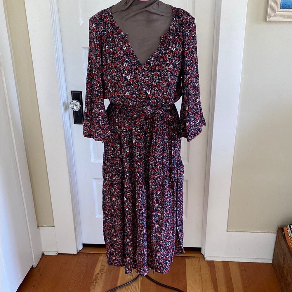 GAP 3/4 Sleeve Blue Floral Midi Dress Small